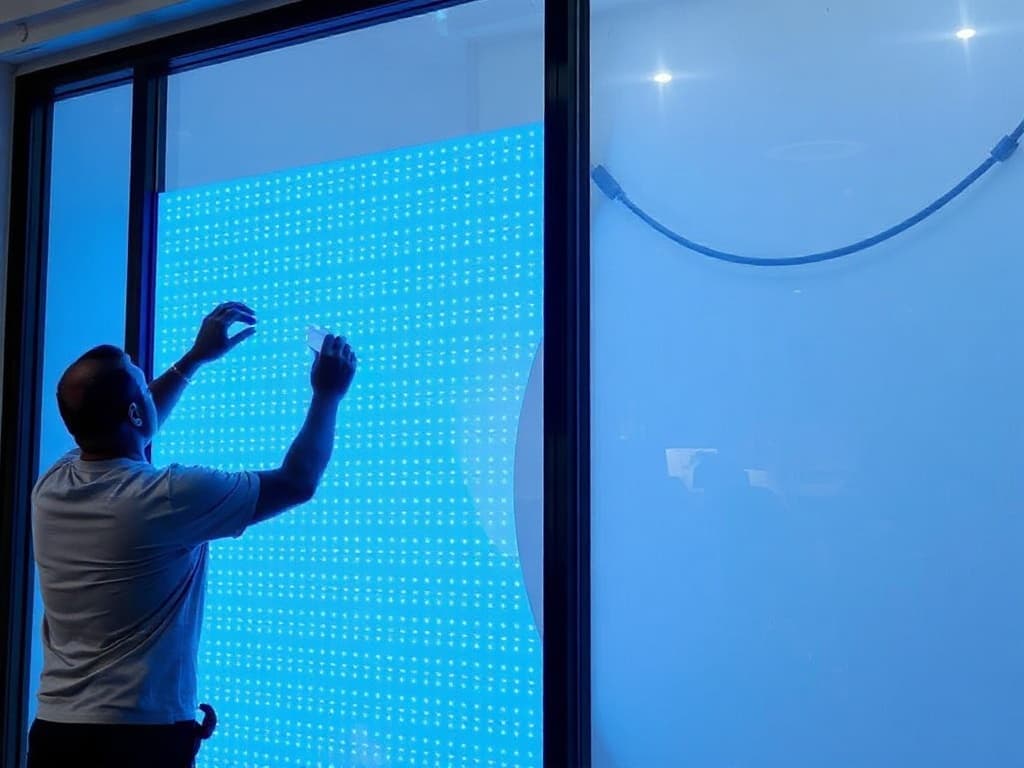 Install crew mounting a transparent LED film onto a glass storefront window.