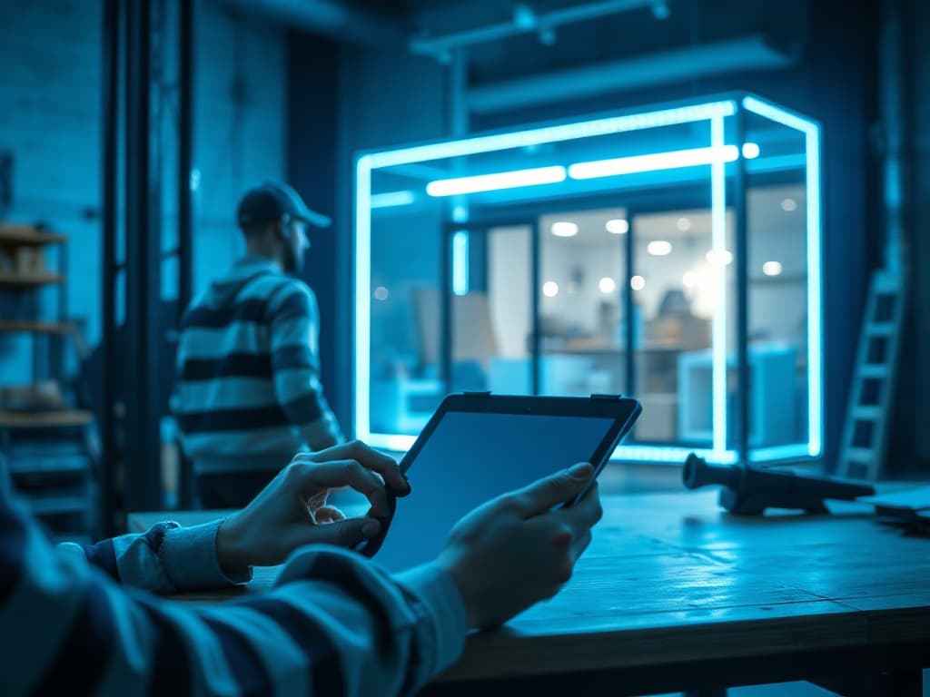 Tablet previewing a transparent LED film content design.