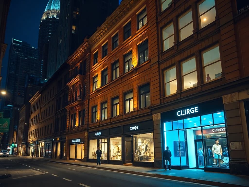 George Street Sydney CBD at night with a transparent LED film storefront visible.